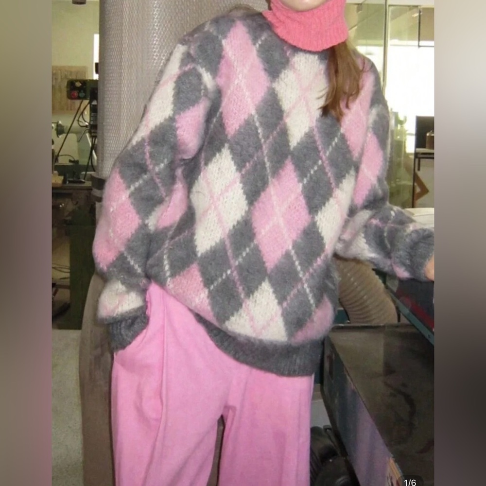 Argyle Pattern Pink and Gray Sweater